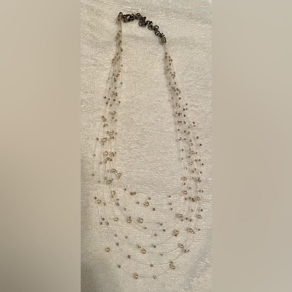 Necklace beaded w/ clear wire & silver/ clear / iridescent beads